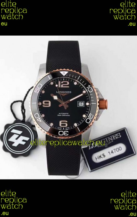 Longines HydroConquest 1:1 Swiss Replica Watch in Black Dial Rubber Strap Rose Gold Bezel