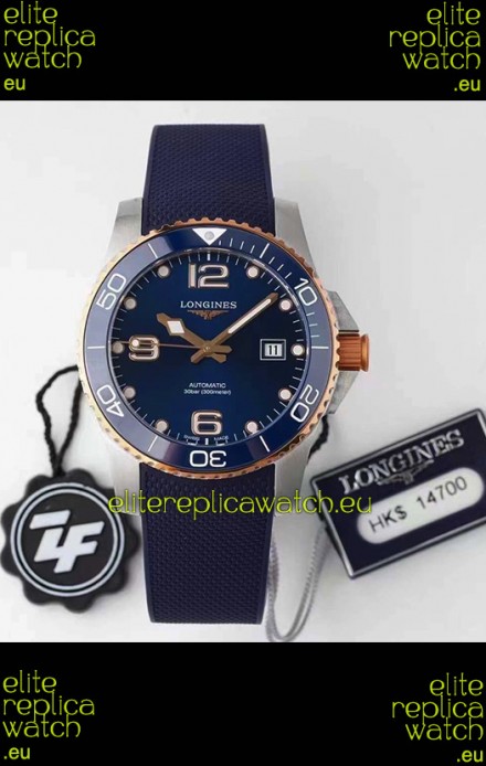 Longines HydroConquest 1:1 Swiss Replica Watch in Blue Dial Rubber Strap Rose Gold Bezel