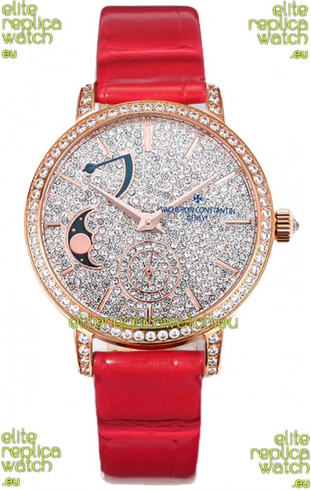 Vacheron Constantin Traditionelle Moon Phase Diamond Paved Dial in Rose Gold Swiss Replica