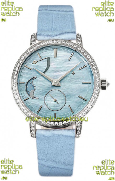 Vacheron Constantin Traditionelle Moon Phase Blue Mother of Pearl Dial in Steel Case Swiss Replica