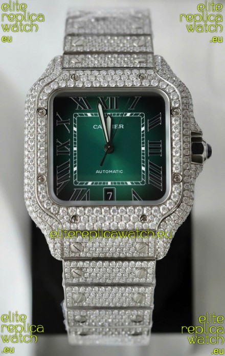 Santos De Cartier Watch in Green Dial MOSSANITES Paved Edition Swiss Replica Watch