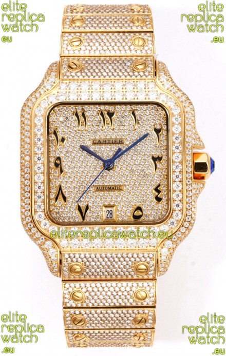 Cartier "Santos De Cartier" Yellow Gold W/ Diamonds Arabic Dial 1:1 Mirror Replica - 40MM - Genuine Diamonds