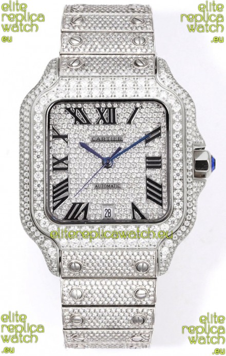 Cartier "Santos De Cartier" Stainless Steel W/ Diamonds Roman Dial 1:1 Mirror Replica - 40MM - Genuine Diamonds