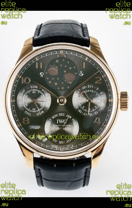 IWC Super Clone Portuguese Perpetual Calendar Rose Gold Grey Dial Replica Watch 