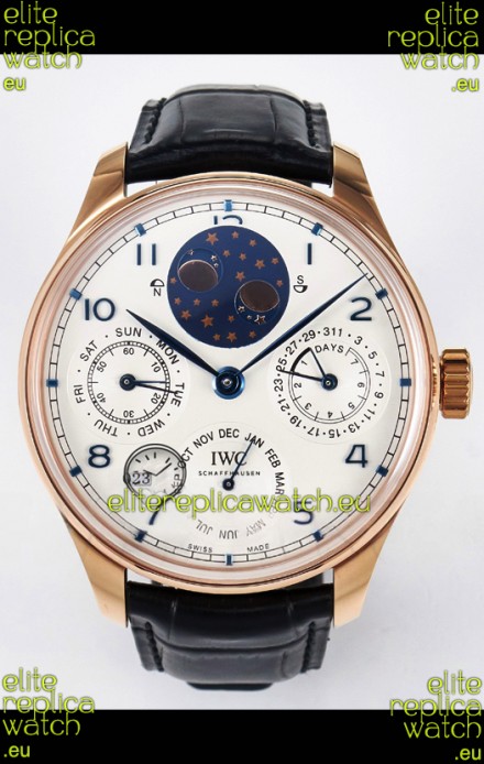 IWC Super Clone Portuguese Perpetual Calendar Rose Gold White Dial Replica Watch 