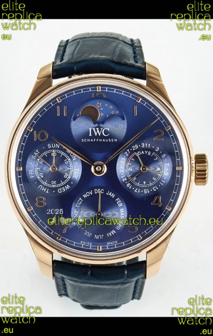 IWC Super Clone Portuguese Perpetual Calendar Rose Gold Blue Dial Replica Watch 