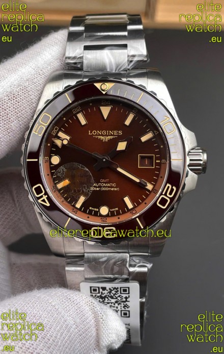 Longines HydroConquest GMT 1:1 Mirror Swiss Replica Watch in Brown Dial Steel Strap