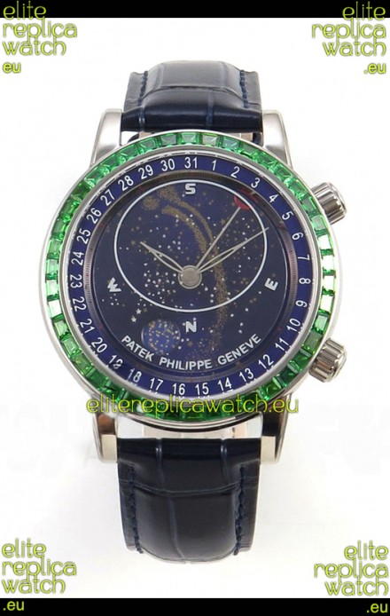 Patek Philippe Grand Complications 6102 Blue Dial Green Diamonds Swiss Replica Watch 