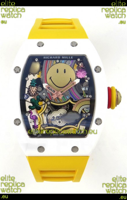 Richard Mille Super Clone RM088 Smiley Tourbillon White Ceramic Rubber Strap Watch 