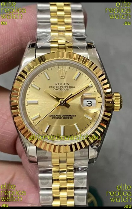 Rolex Datejust Super Clone Gold Dial 2 Tone Yellow Rose Gold Watch 28MM