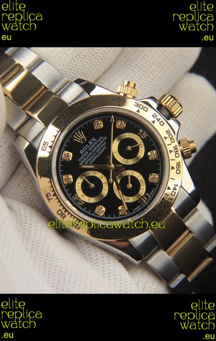 Rolex Daytona Japanese Movement Two Tone Gold Casing Watch in Black Dial 