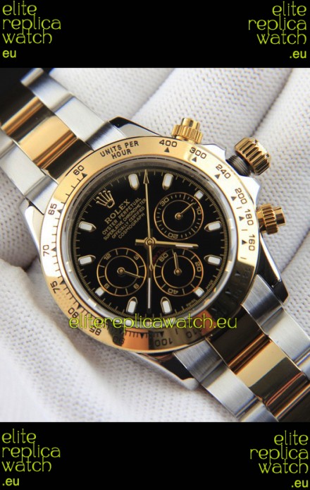 Rolex Daytona Japanese Movement Two Tone Gold Casing Watch in Black Dial 