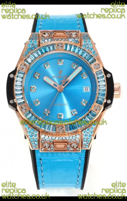 Hublot Big Bang One Click moissanite Rose Gold Super Clone Watch Blue Dial 