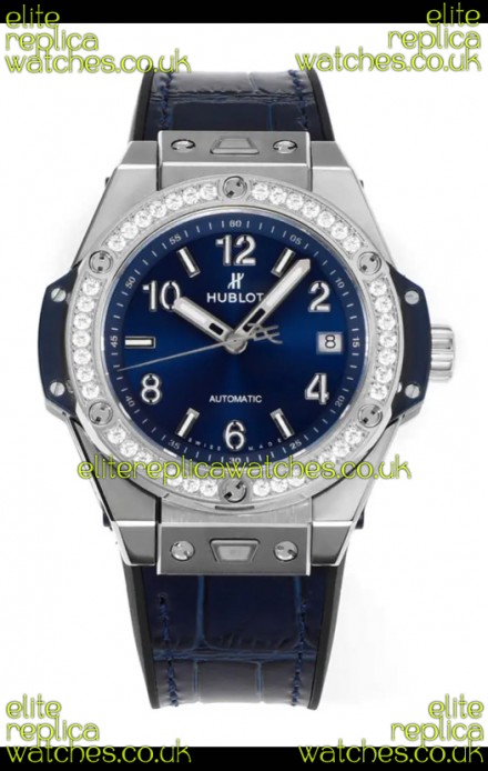 Hublot Big Bang One Click moissanite Bezel Super Clone Watch Blue Dial
