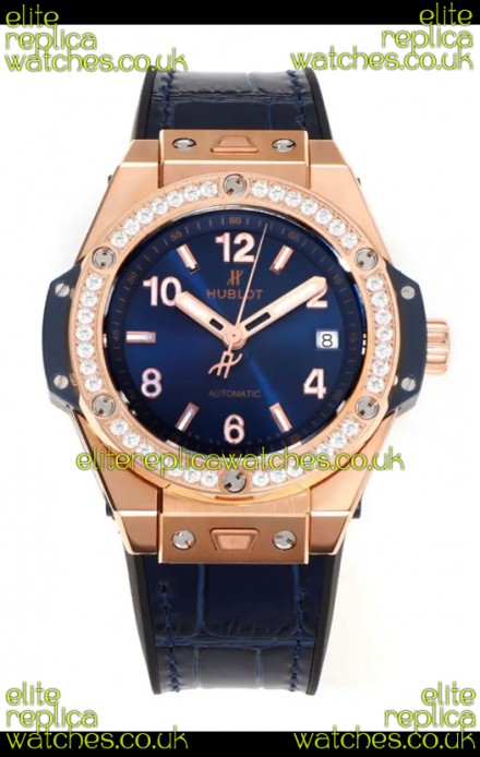 Hublot Big Bang One Click moissanite Bezel Rose Gold Super Clone Watch Blue Dial