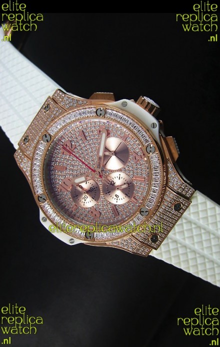 Hublot Big Bang Rose Gold Watch Quartz Movement in White Strap