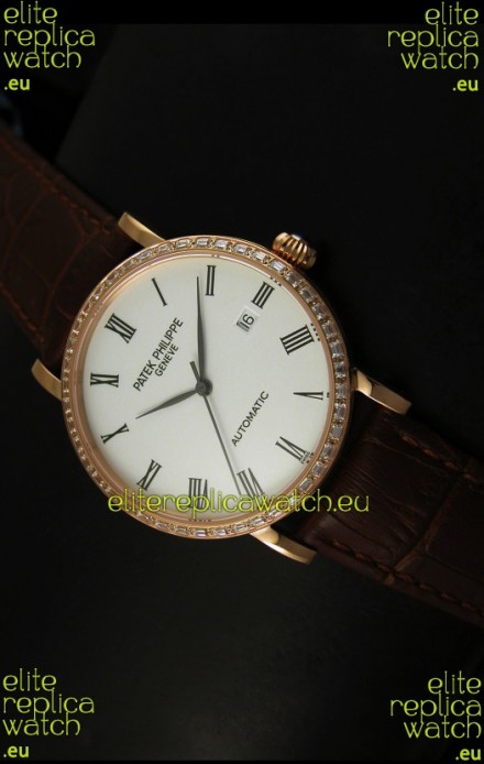 Patek Philippe Calatrava 5120 Swiss Replica Watch in Pink Gold Casing - Roman Hours
