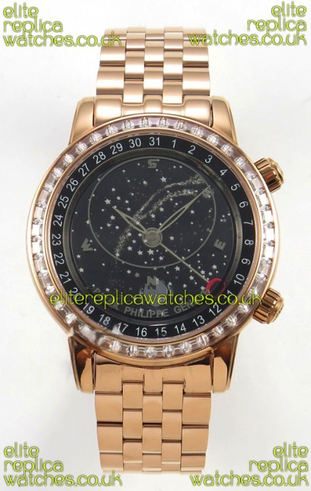 Patek Philippe Grand Complications 6102 Black Dial Rose Gold Strap Super Clone Watch 