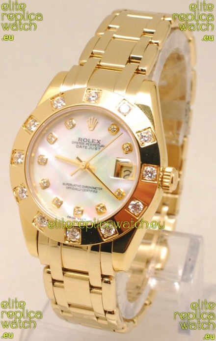 Rolex Datejust Pearlmaster Swiss Replica Gold Watch in White Pearl Dial -34MM