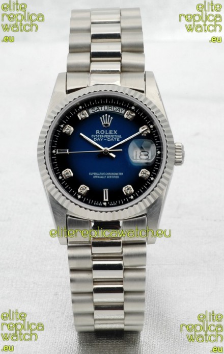 Rolex Day Date Silver Japanese Replica Watch in Blue Dial