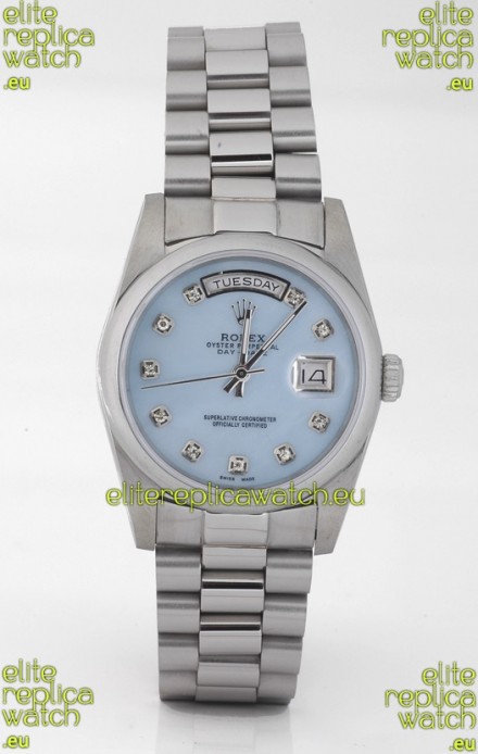 Rolex Day Date Silver Swiss Replica Watch in Mother Of Pearl Blue Dial
