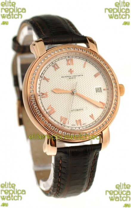 Vacheron Constantin Geneve Japanese Replica Gold Watch in Diamond Bezel
