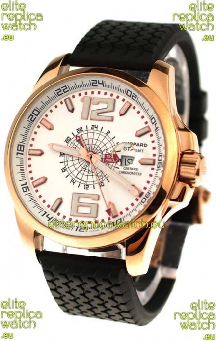 Chopard 1000 Miglia GT XL GMT Japanese Replica Gold Watch in White Dial