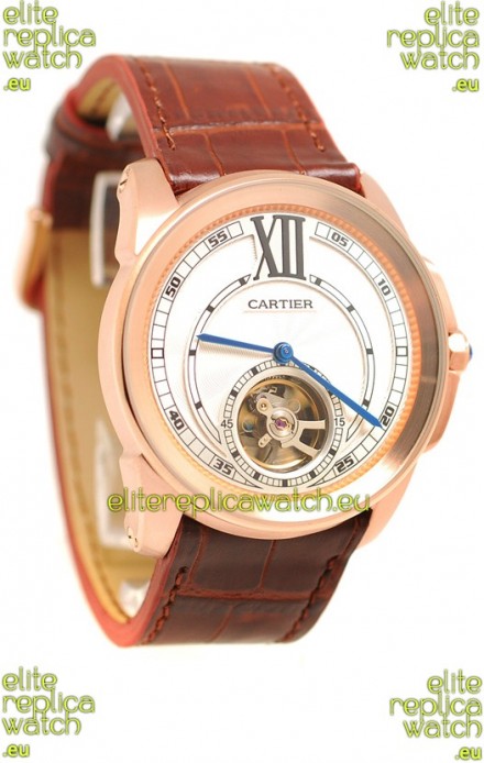 Calibre de Cartier Flying Tourbillon Japanese Replica Rose Gold Watch in Brown Strap