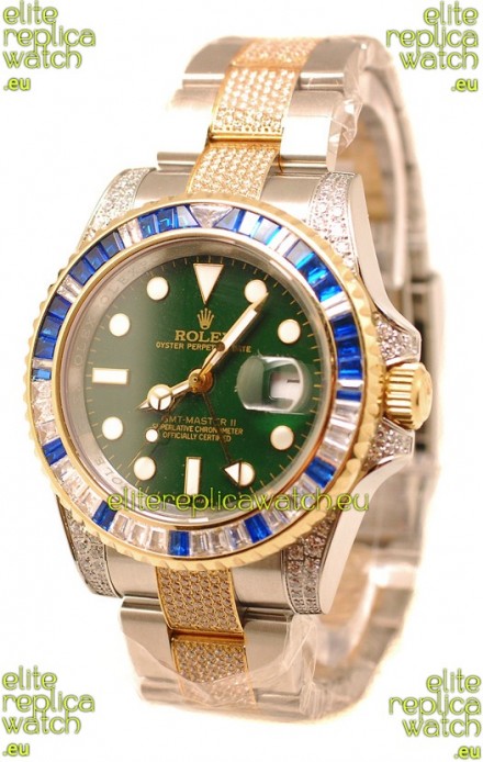 Rolex GMT Masters II 2011 Edition Swiss Replica Two Tone Watch with Diamonds Casing and Bezel