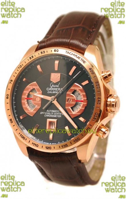 Tag Heuer Grand Carrera Japanese Replica Gold Watch in Black Dial