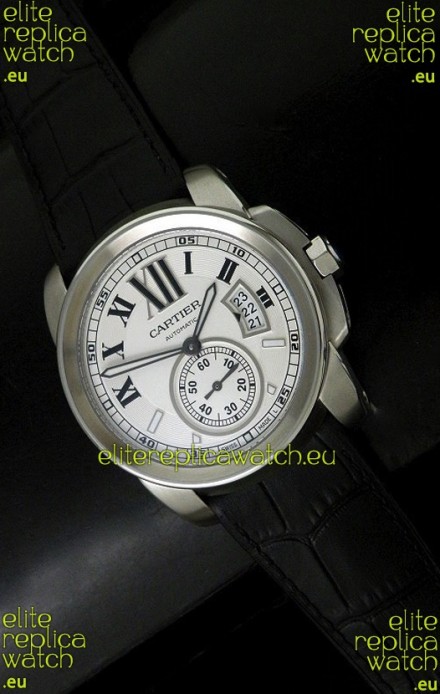 Cartier Calibre de Japanese Replica Steel Watch in Black Leather Strap