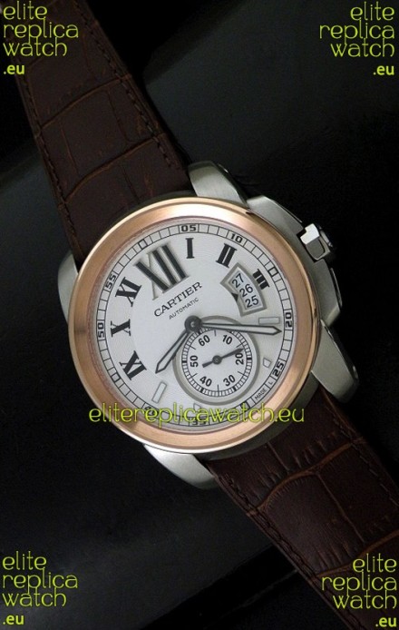 Cartier Calibre de Japanese Replica Steel Watch in Brown Leather Strap