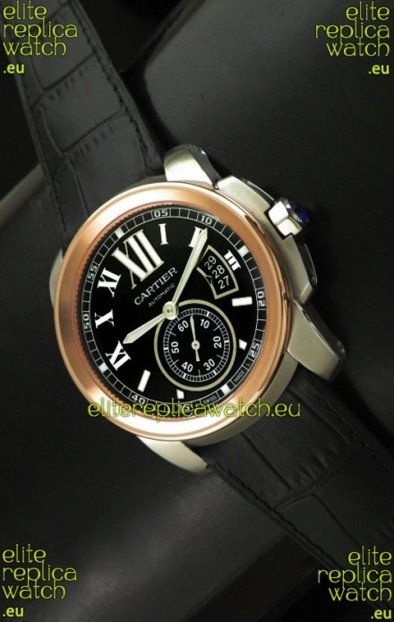 Cartier Calibre de Japanese Replica Rose Gold Watch in Leather Strap