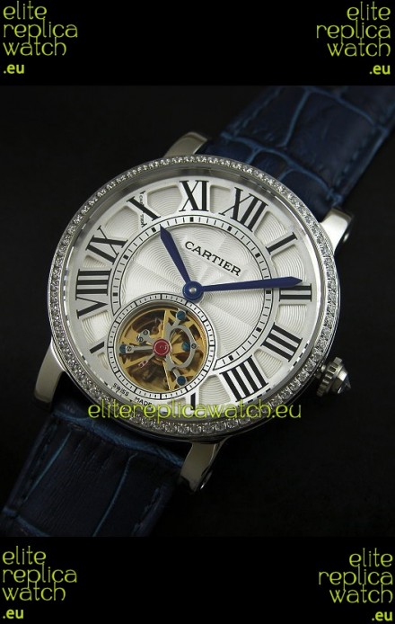 Cartier Ronde de Tourbillon Japanese Replica Diamond Watch in Blue Strap