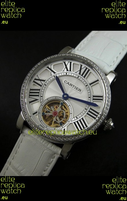 Cartier Ronde de Tourbillon Japanese Replica Diamond Watch in White Strap