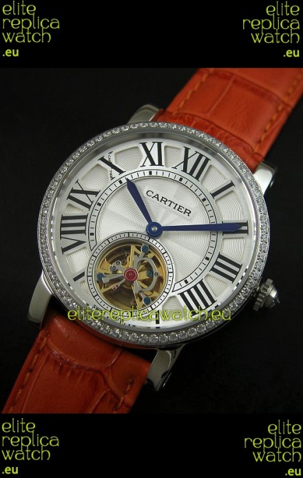 Cartier Ronde de Tourbillon Japanese Replica Diamond Watch in Brown Strap
