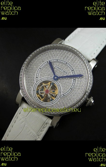 Cartier Ronde de Tourbillon Japanese Replica Diamond Watch in White Strap