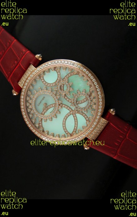 Cartier Replica Watch with Diamonds Embedded Dial Bezel in Gold Case/Brown Strap