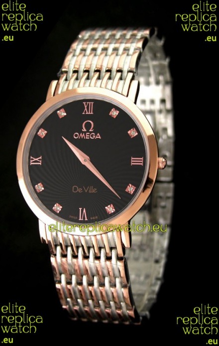 Omega DeVelie Japanese Replica Rose Gold Watch in Black Dial