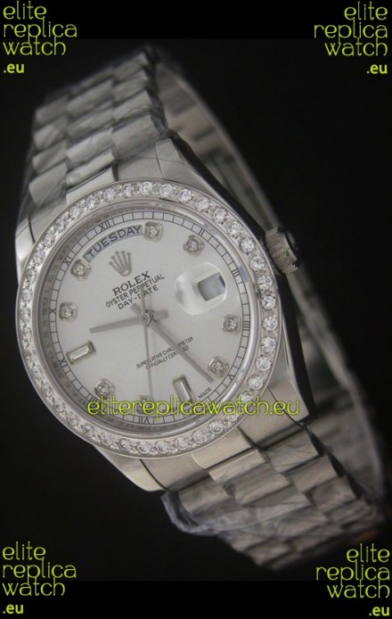 Rolex Day Date Just Japanese Replica Watch in Full Diamond Bezel