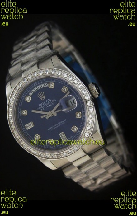 Rolex Day Date Just Japanese Replica Blue Watch in Full Diamond Bezel