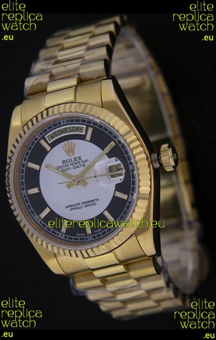 Rolex Day Date Just Japanese Replica Yellow Gold Watch in Black & White Dial