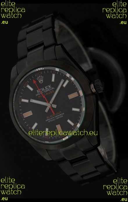 Rolex White Milgauss Black-Out Swiss Replica Watch in Orange Markers