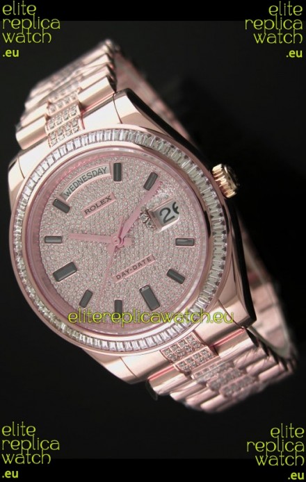 Rolex Day Date Swiss Automatic Rose Gold Watch in Diamond Bracelet