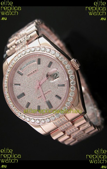 Rolex Day Date Japanese Automatic Rose Gold Watch in Ruby Stick Markers