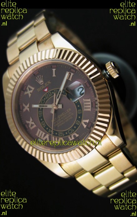 Rolex Sky-Dweller 18K Yellow Gold Watch in Brown Dial Roman Numerals