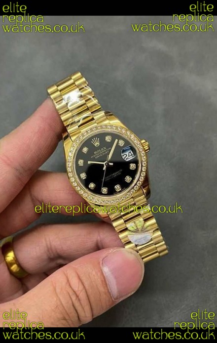 Rolex Datejust Ladies 28MM Black Dial Yellow Gold Super Clone Watch 