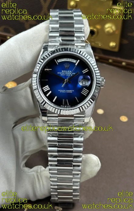 Rolex Day Date 228236 Stainless Steel Blue Ombre Roman Dial Super Clone Watch 