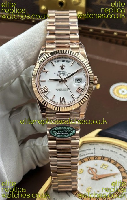 Rolex Day Date 228236 Rose Gold White Roman Dial Super Clone Watch 