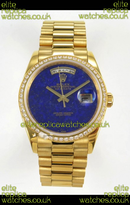 Rolex Day Date Yellow Gold Blue Lapis Dial Diamonds Bezel 36MM Swiss Replica